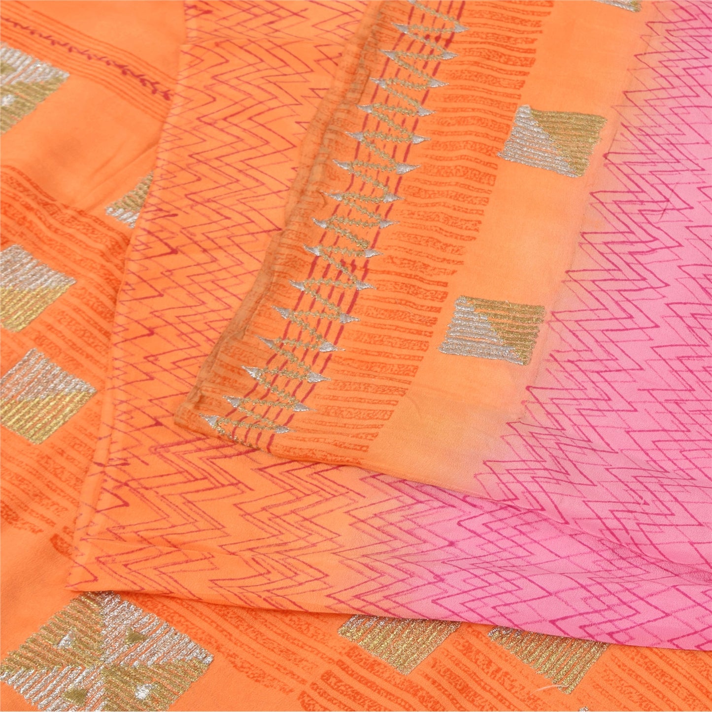 Sanskriti Vintage Sarees Pink/Orange Embroidered Pure Crepe Printed Sari Fabric