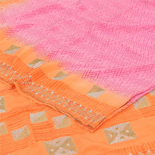 Sanskriti Vintage Sarees Pink/Orange Embroidered Pure Crepe Printed Sari Fabric