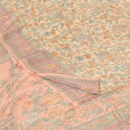 Sanskriti Vintage Sarees Peach 100%Pure Crepe Silk Printed Sari 6yd Craft Fabric