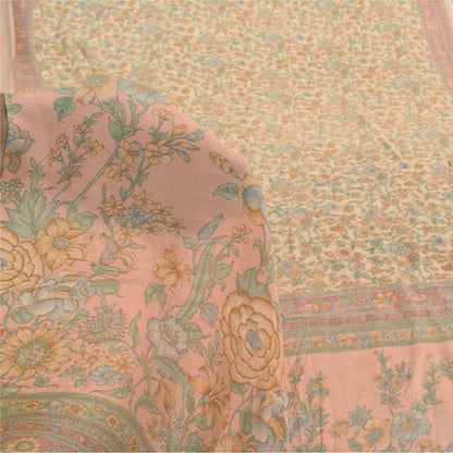 Sanskriti Vintage Sarees Peach 100%Pure Crepe Silk Printed Sari 6yd Craft Fabric