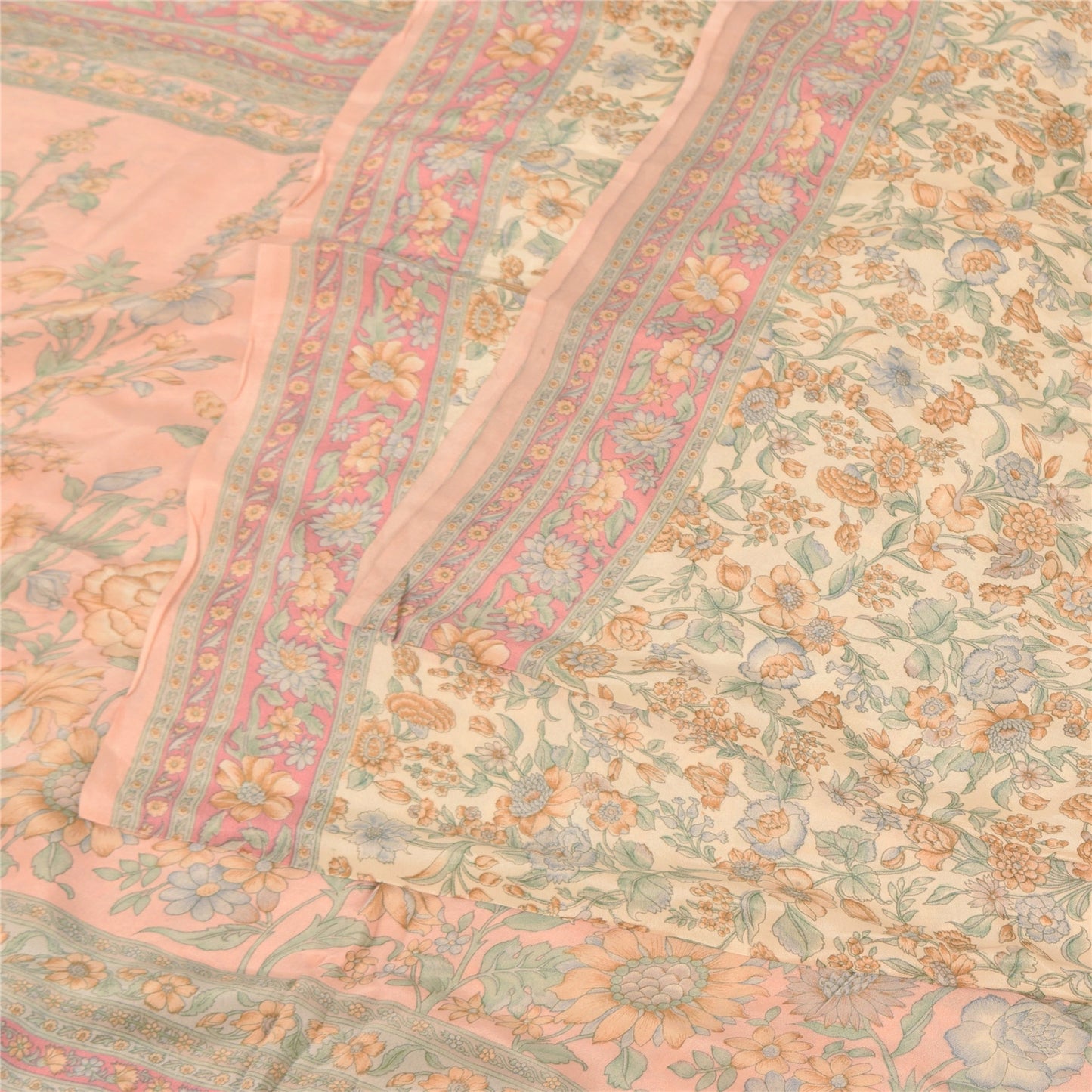 Sanskriti Vintage Sarees Peach 100%Pure Crepe Silk Printed Sari 6yd Craft Fabric