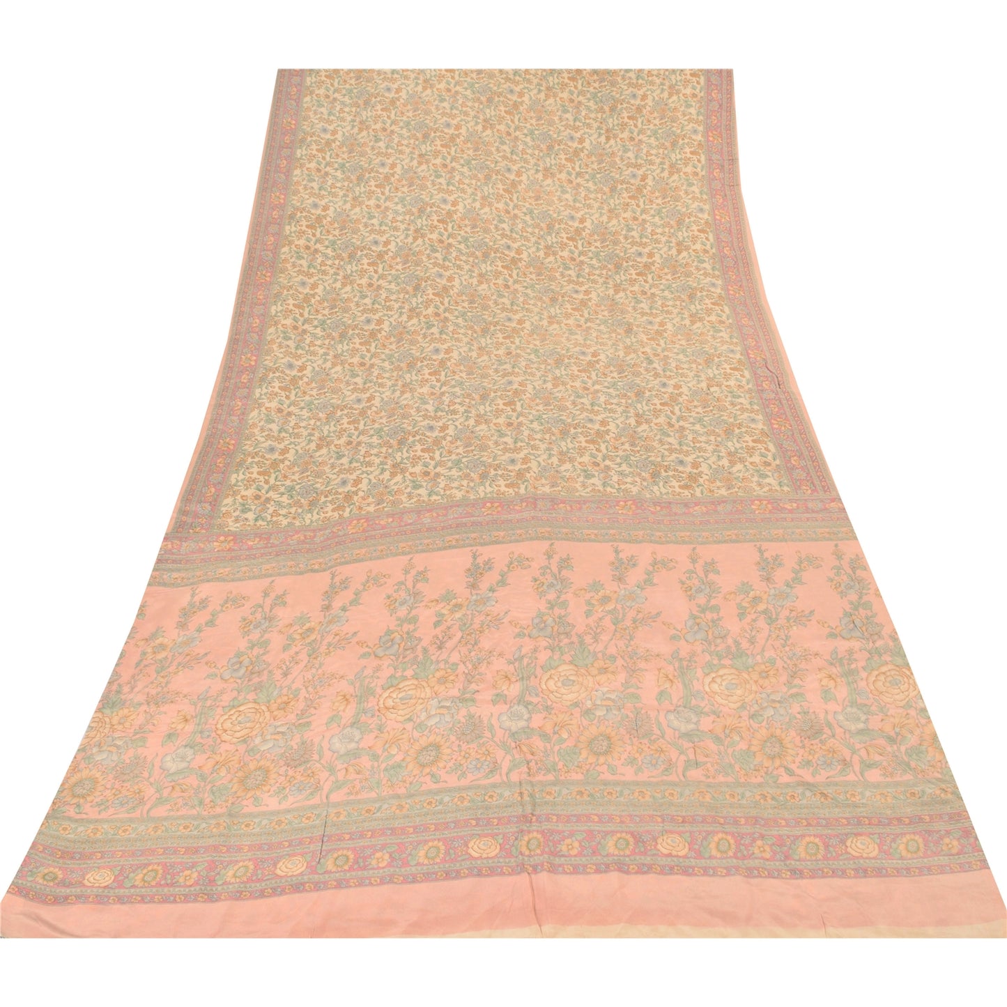 Sanskriti Vintage Sarees Peach 100%Pure Crepe Silk Printed Sari 6yd Craft Fabric