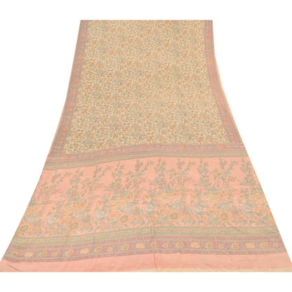 Sanskriti Vintage Sarees Peach 100%Pure Crepe Silk Printed Sari 6yd Craft Fabric