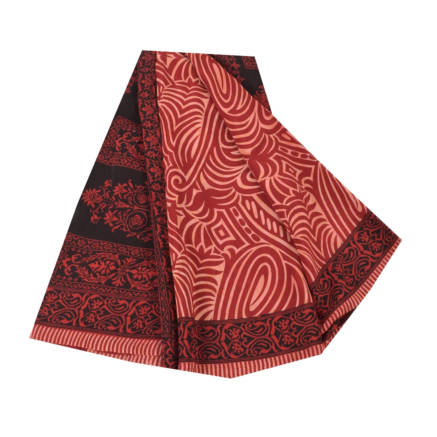 Sanskriti Vintage Sarees Dark Red Pure Crepe Silk Printed Sari 5yd Craft Fabric