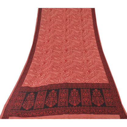 Sanskriti Vintage Sarees Dark Red Pure Crepe Silk Printed Sari 5yd Craft Fabric