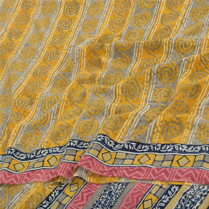 Sanskriti Vintage Sarees Yellow Pure Crepe Silk Printed Sari 6yd Craft Fabric