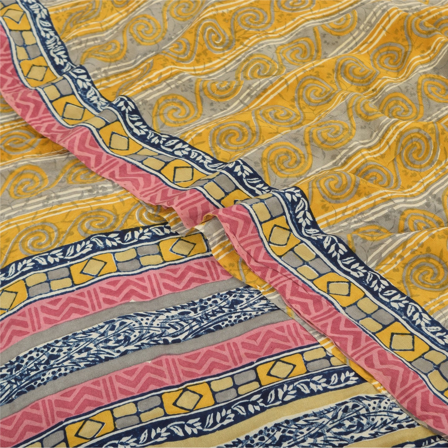 Sanskriti Vintage Sarees Yellow Pure Crepe Silk Printed Sari 6yd Craft Fabric