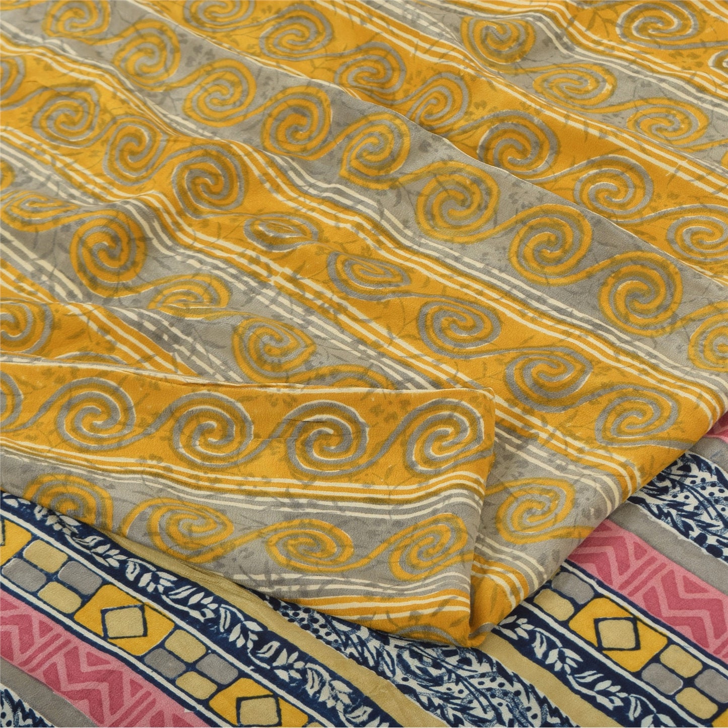 Sanskriti Vintage Sarees Yellow Pure Crepe Silk Printed Sari 6yd Craft Fabric