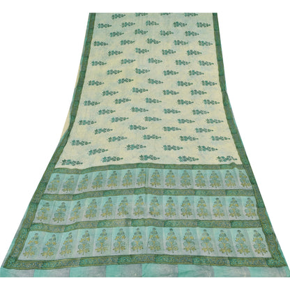 Sanskriti Vintage Sarees Ivory/Blue Pure Crepe Silk Print Sari 5yd Craft Fabric