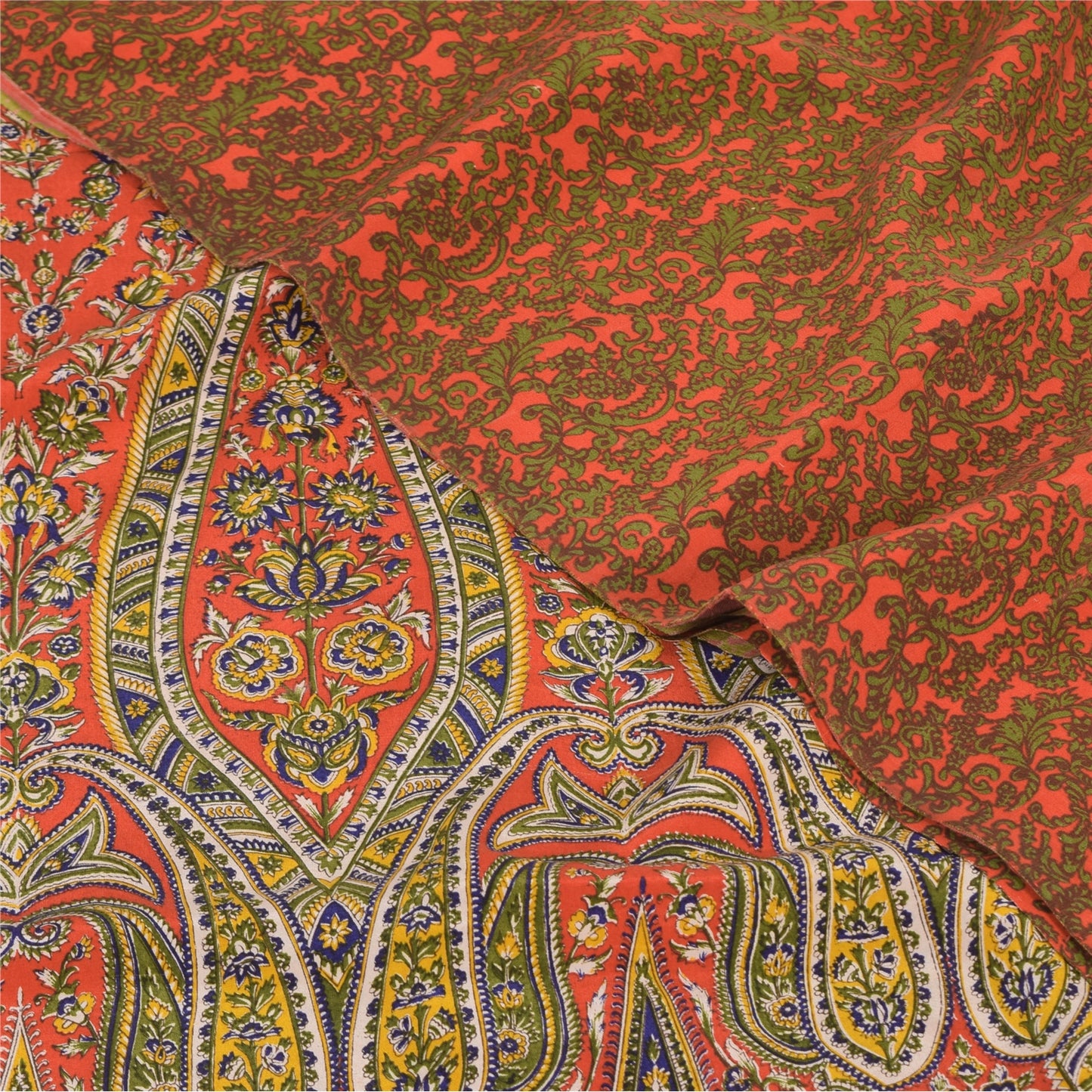 Sanskriti Vintage Sarees Orange/Green Pure Crepe Silk Printed Sari Craft Fabric