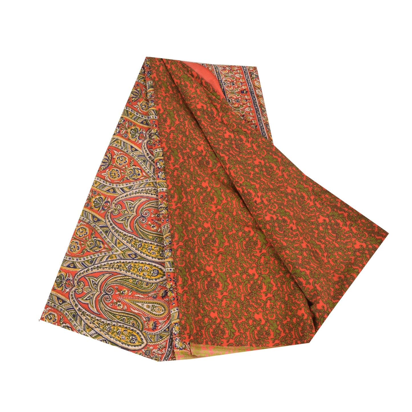 Sanskriti Vintage Sarees Orange/Green Pure Crepe Silk Printed Sari Craft Fabric