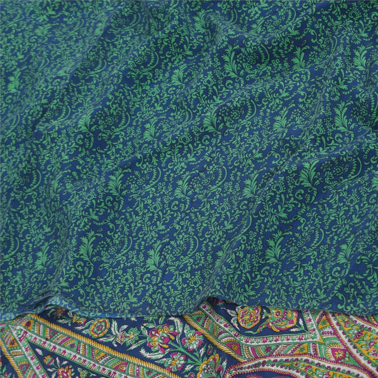 Sanskriti Vintage Sarees Blue/Green Pure Crepe Silk Print Sari 5yd Craft Fabric