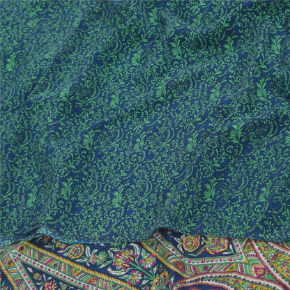 Sanskriti Vintage Sarees Blue/Green Pure Crepe Silk Print Sari 5yd Craft Fabric