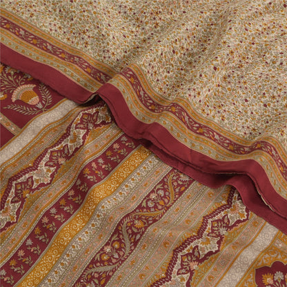 Sanskriti Vintage Sarees Peach/Red Pure Crepe Silk Printed Sari 6yd Craft Fabric