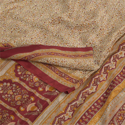 Sanskriti Vintage Sarees Peach/Red Pure Crepe Silk Printed Sari 6yd Craft Fabric