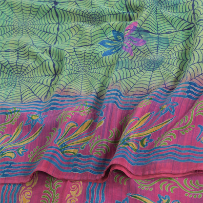 Sanskriti Vintage Sarees Green/Pink Pure Crepe Silk Print Sari 5yd Craft Fabric