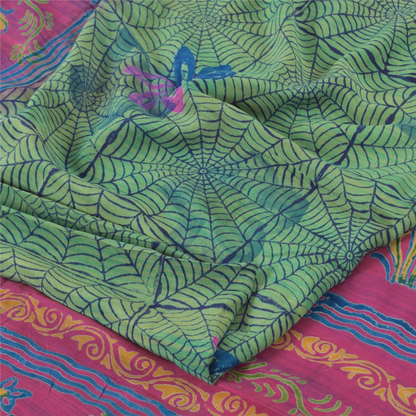 Sanskriti Vintage Sarees Green/Pink Pure Crepe Silk Print Sari 5yd Craft Fabric