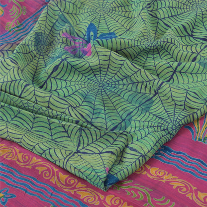 Sanskriti Vintage Sarees Green/Pink Pure Crepe Silk Print Sari 5yd Craft Fabric