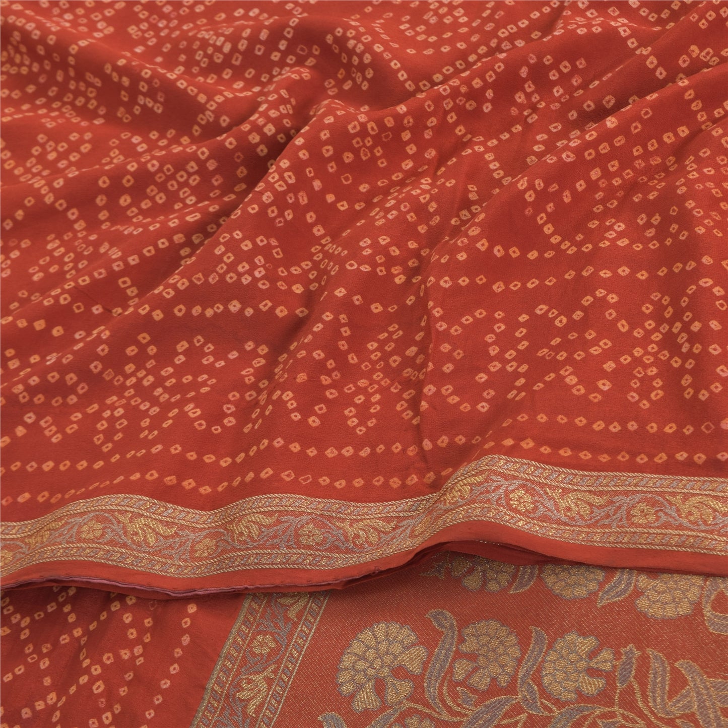 Sanskriti Vintage Sarees Orange Bandhani Printed/Woven Pure Crepe Sari Fabric