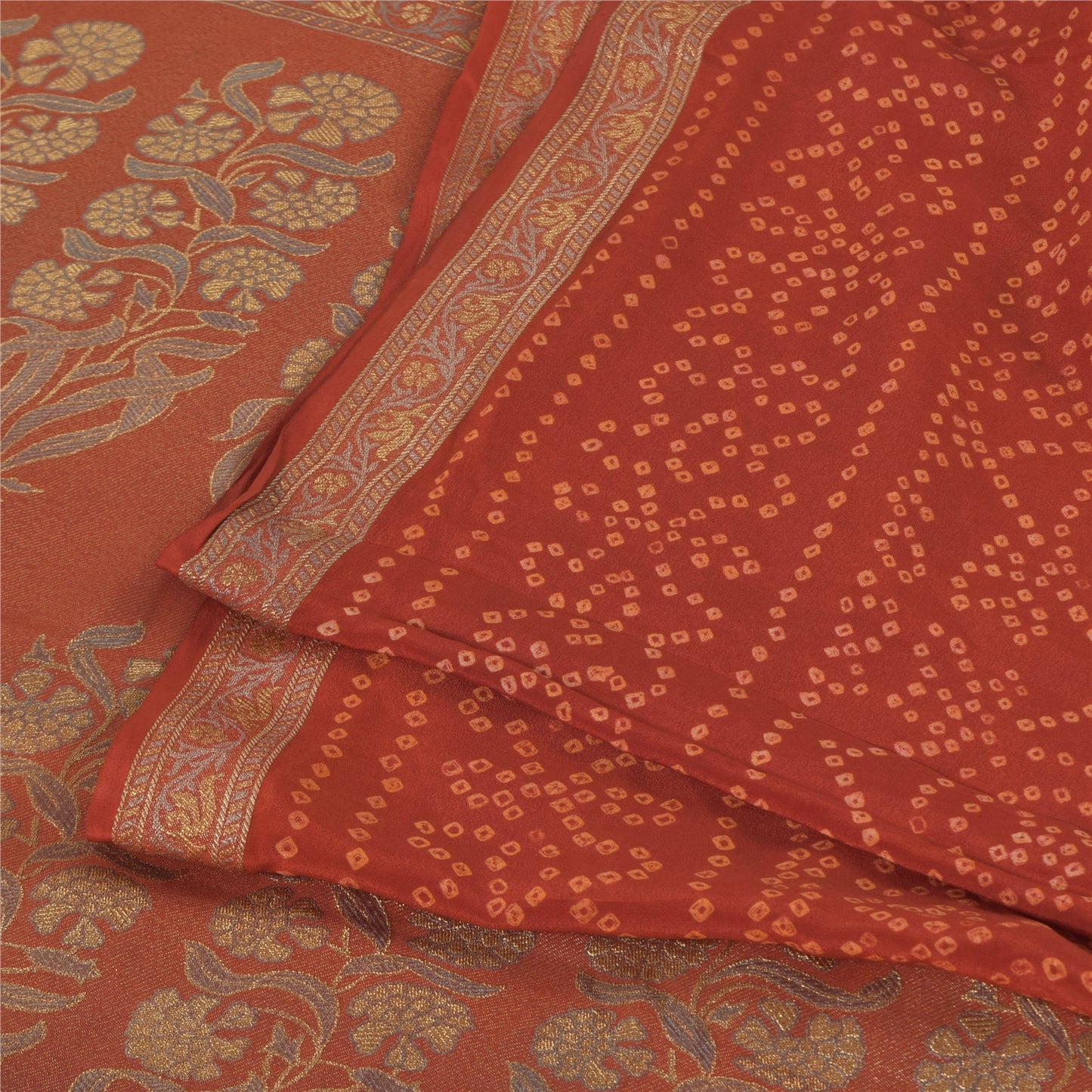 Sanskriti Vintage Sarees Orange Bandhani Printed/Woven Pure Crepe Sari Fabric