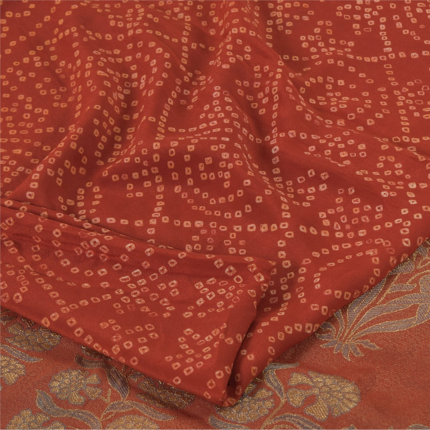 Sanskriti Vintage Sarees Orange Bandhani Printed/Woven Pure Crepe Sari Fabric