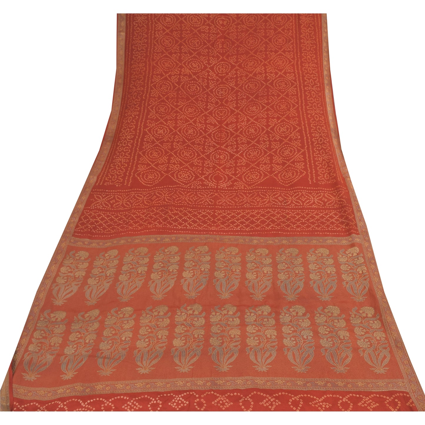 Sanskriti Vintage Sarees Orange Bandhani Printed/Woven Pure Crepe Sari Fabric