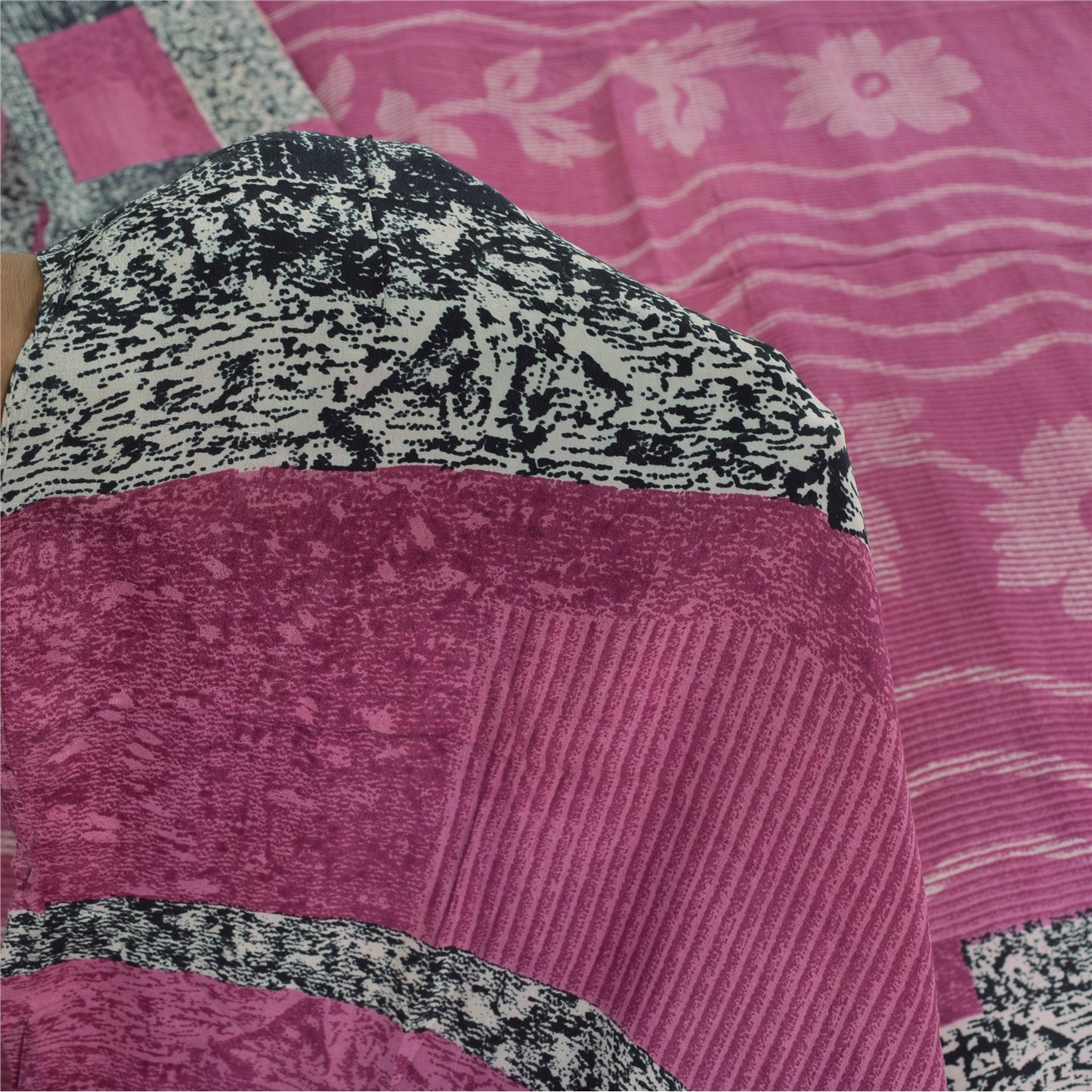 Sanskriti Vintage Sarees Pink 100% Pure Crepe Silk Printed Sari 5yd Craft Fabric