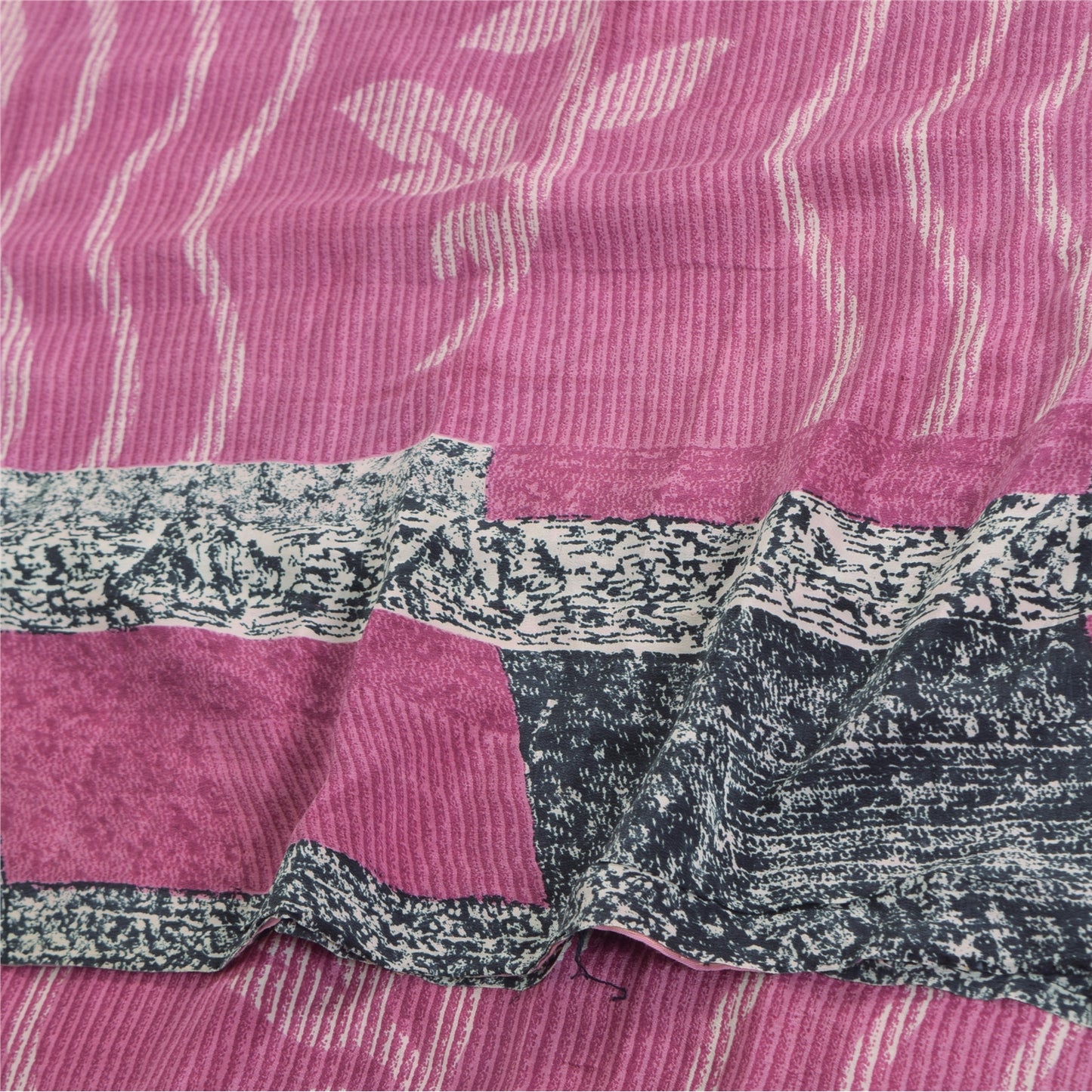 Sanskriti Vintage Sarees Pink 100% Pure Crepe Silk Printed Sari 5yd Craft Fabric