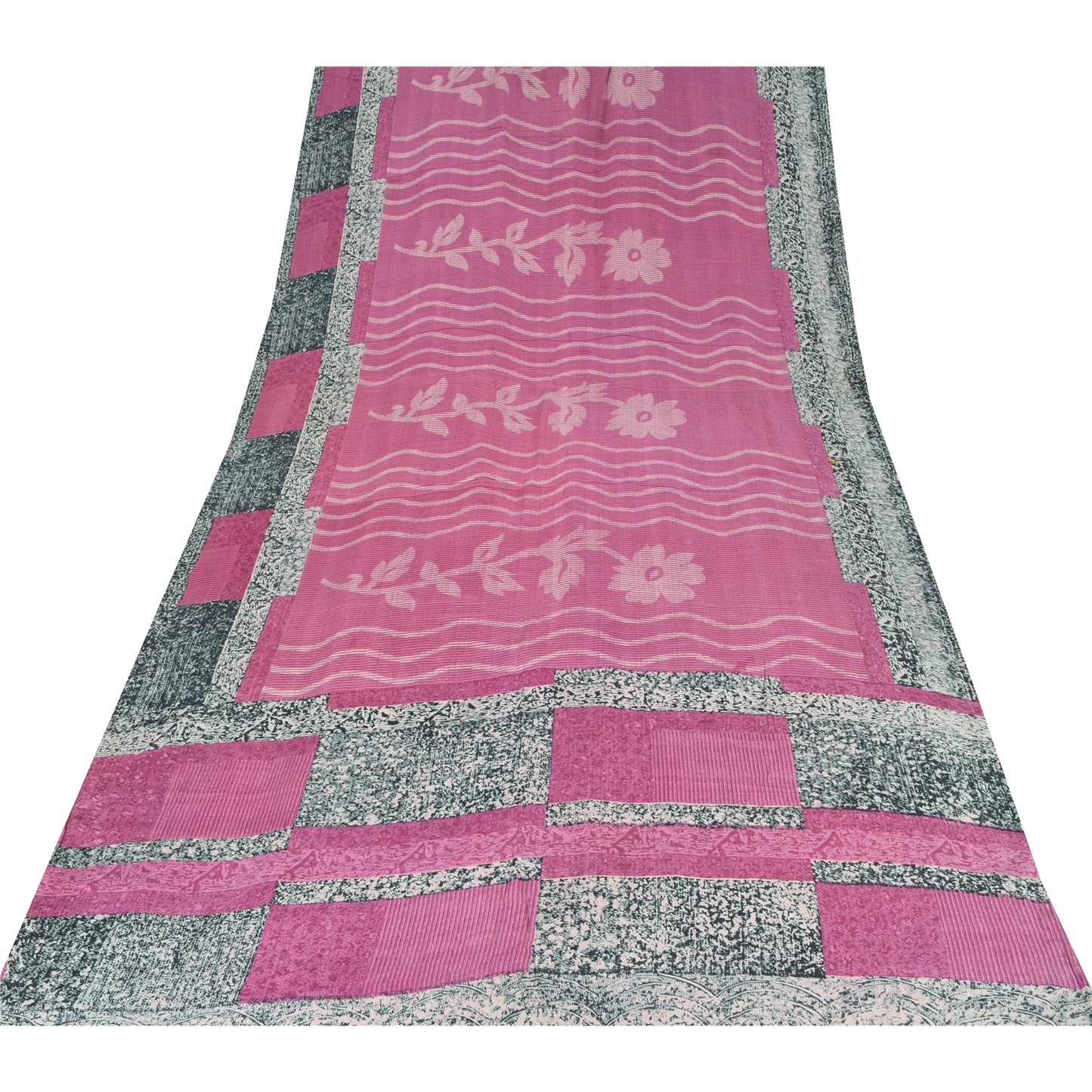 Sanskriti Vintage Sarees Pink 100% Pure Crepe Silk Printed Sari 5yd Craft Fabric