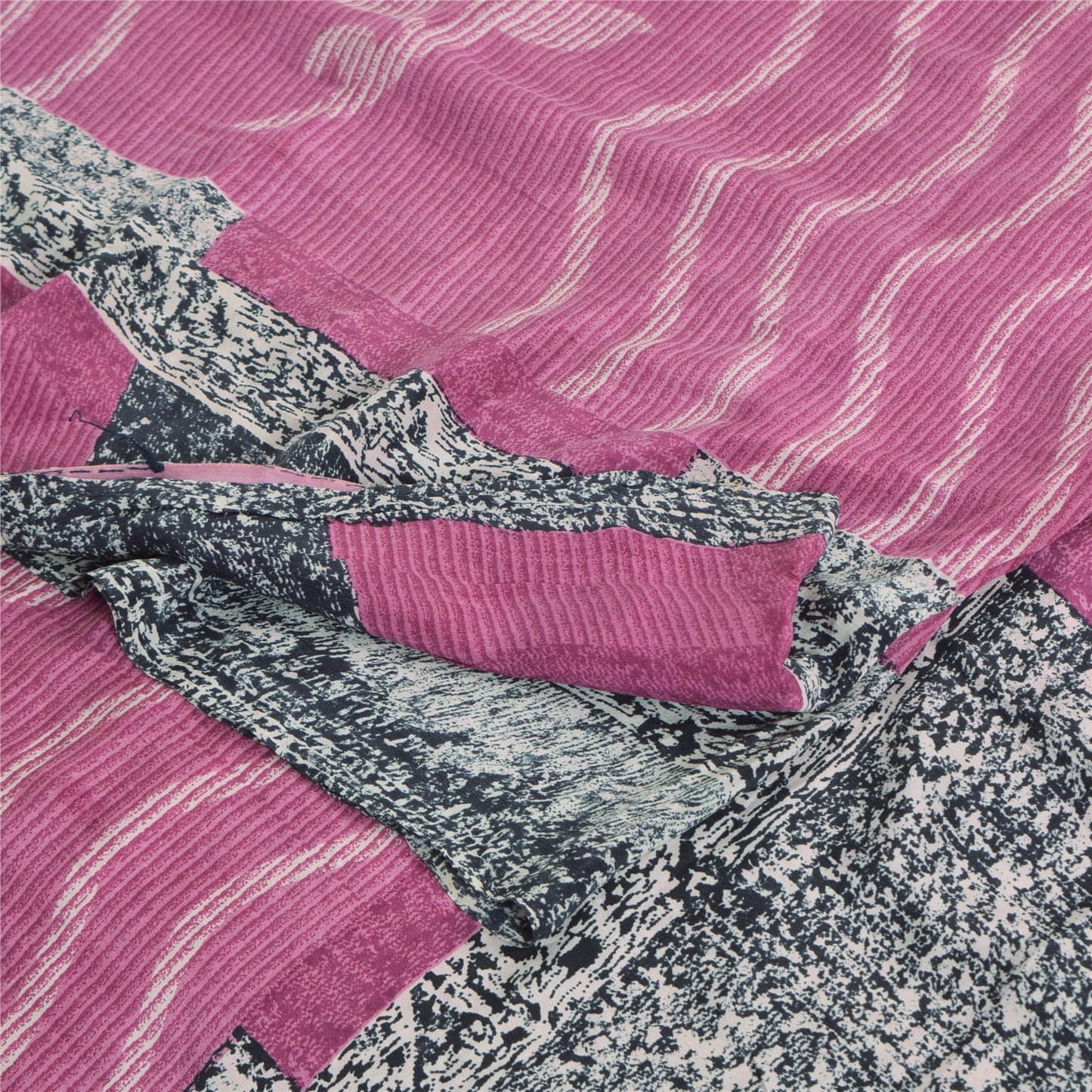 Sanskriti Vintage Sarees Pink 100% Pure Crepe Silk Printed Sari 5yd Craft Fabric