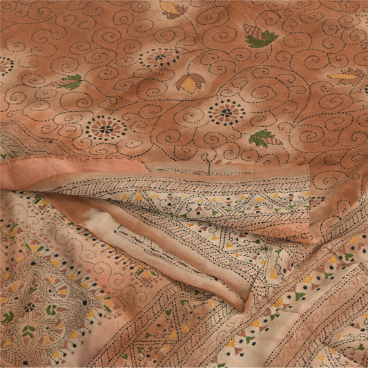 Sanskriti Vintage Sarees Brown Hand Embroidery Kantha Pure Crepe Sari 5yd Fabric