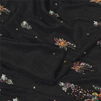 Sanskriti Vintage Sarees Black Hand Beaded Pure Crepe Silk Sari 5yd Craft Fabric