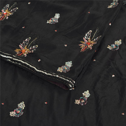 Sanskriti Vintage Sarees Black Hand Beaded Pure Crepe Silk Sari 5yd Craft Fabric