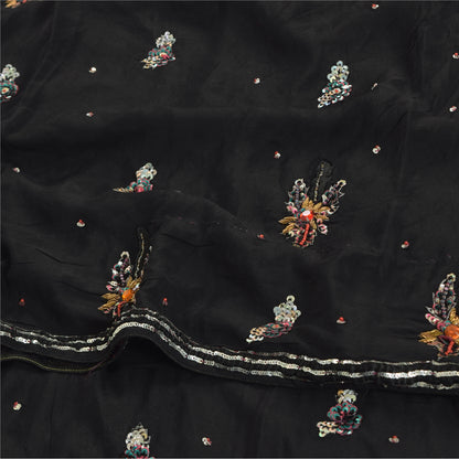 Sanskriti Vintage Sarees Black Hand Beaded Pure Crepe Silk Sari 5yd Craft Fabric