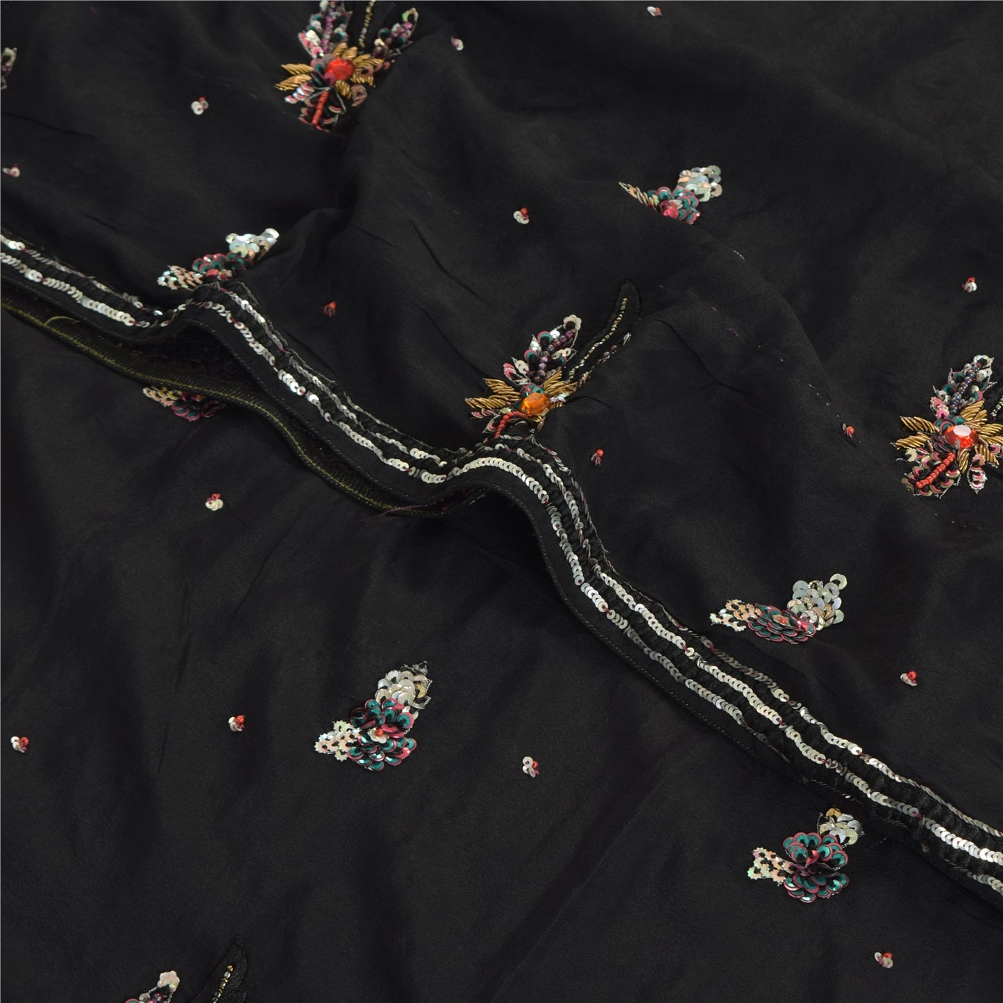 Sanskriti Vintage Sarees Black Hand Beaded Pure Crepe Silk Sari 5yd Craft Fabric