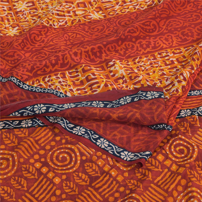 Sanskriti Vintage Sarees Orange Pure Crepe Silk Printed Sari 5yd Craft Fabric