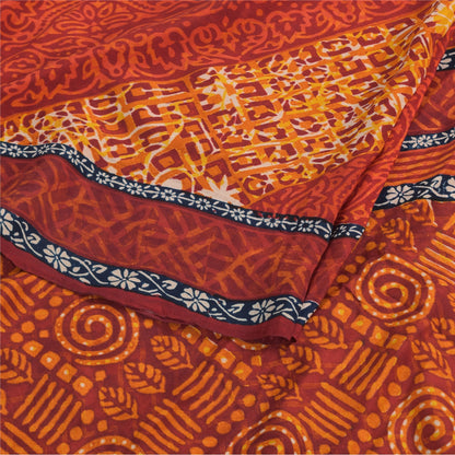 Sanskriti Vintage Sarees Orange Pure Crepe Silk Printed Sari 5yd Craft Fabric