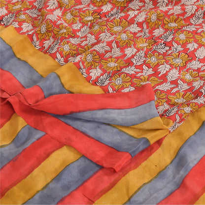 Sanskriti Vintage Sarees Red 100% Pure Crepe Silk Printed Sari 5yd Craft Fabric