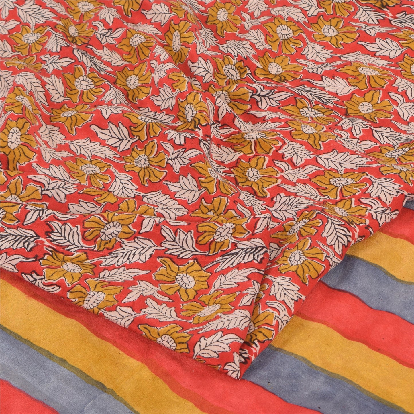 Sanskriti Vintage Sarees Red 100% Pure Crepe Silk Printed Sari 5yd Craft Fabric