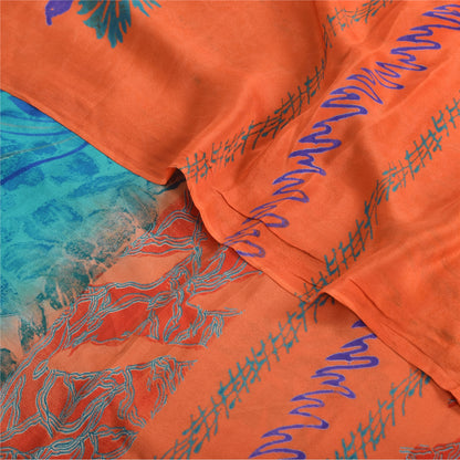 Sanskriti Vintage Sarees Orange/Blue Pure Crepe Silk Print Sari 5yd Craft Fabric