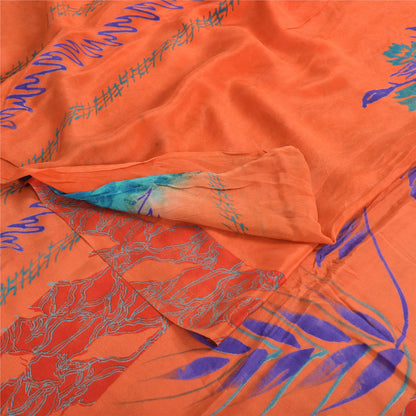 Sanskriti Vintage Sarees Orange/Blue Pure Crepe Silk Print Sari 5yd Craft Fabric