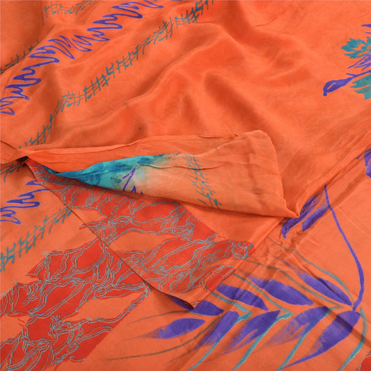 Sanskriti Vintage Sarees Orange/Blue Pure Crepe Silk Print Sari 5yd Craft Fabric