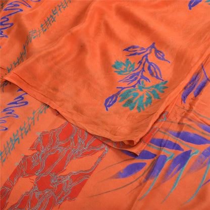 Sanskriti Vintage Sarees Orange/Blue Pure Crepe Silk Print Sari 5yd Craft Fabric