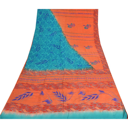 Sanskriti Vintage Sarees Orange/Blue Pure Crepe Silk Print Sari 5yd Craft Fabric