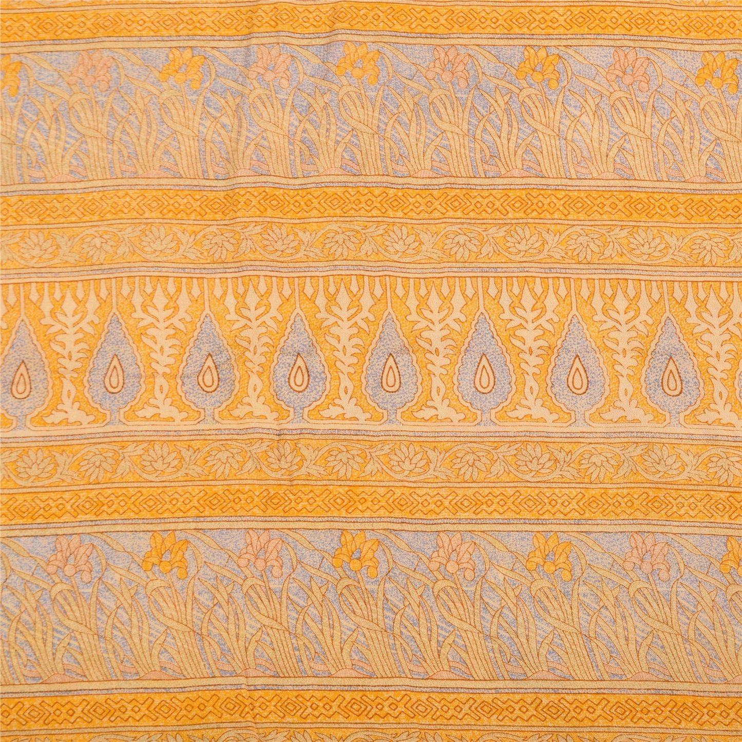 Sanskriti Vintage Sarees Yellow/Cream Pure Crepe Printed Sari 5yd Craft Fabric