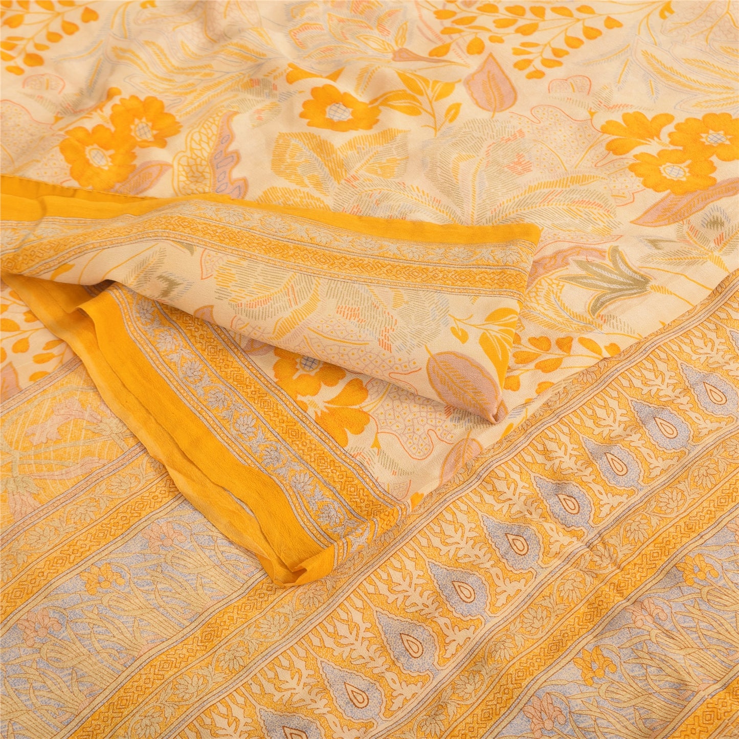 Sanskriti Vintage Sarees Yellow/Cream Pure Crepe Printed Sari 5yd Craft Fabric