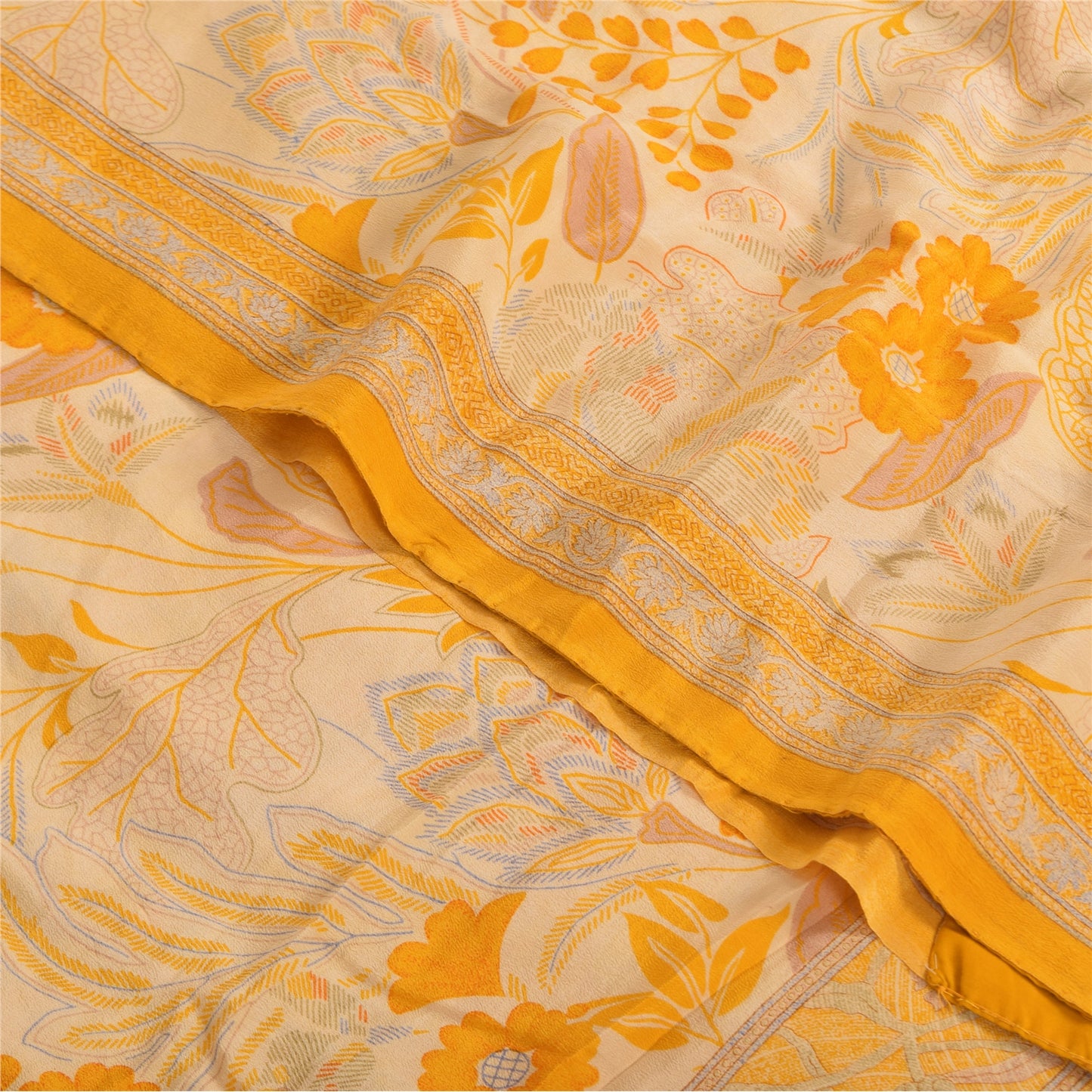 Sanskriti Vintage Sarees Yellow/Cream Pure Crepe Printed Sari 5yd Craft Fabric