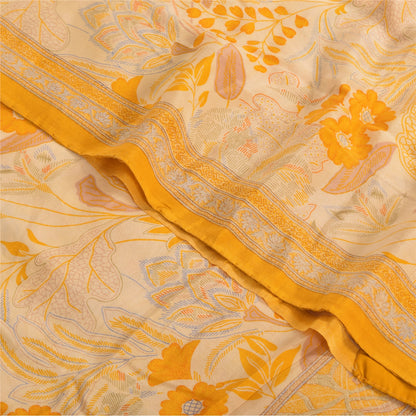 Sanskriti Vintage Sarees Yellow/Cream Pure Crepe Printed Sari 5yd Craft Fabric