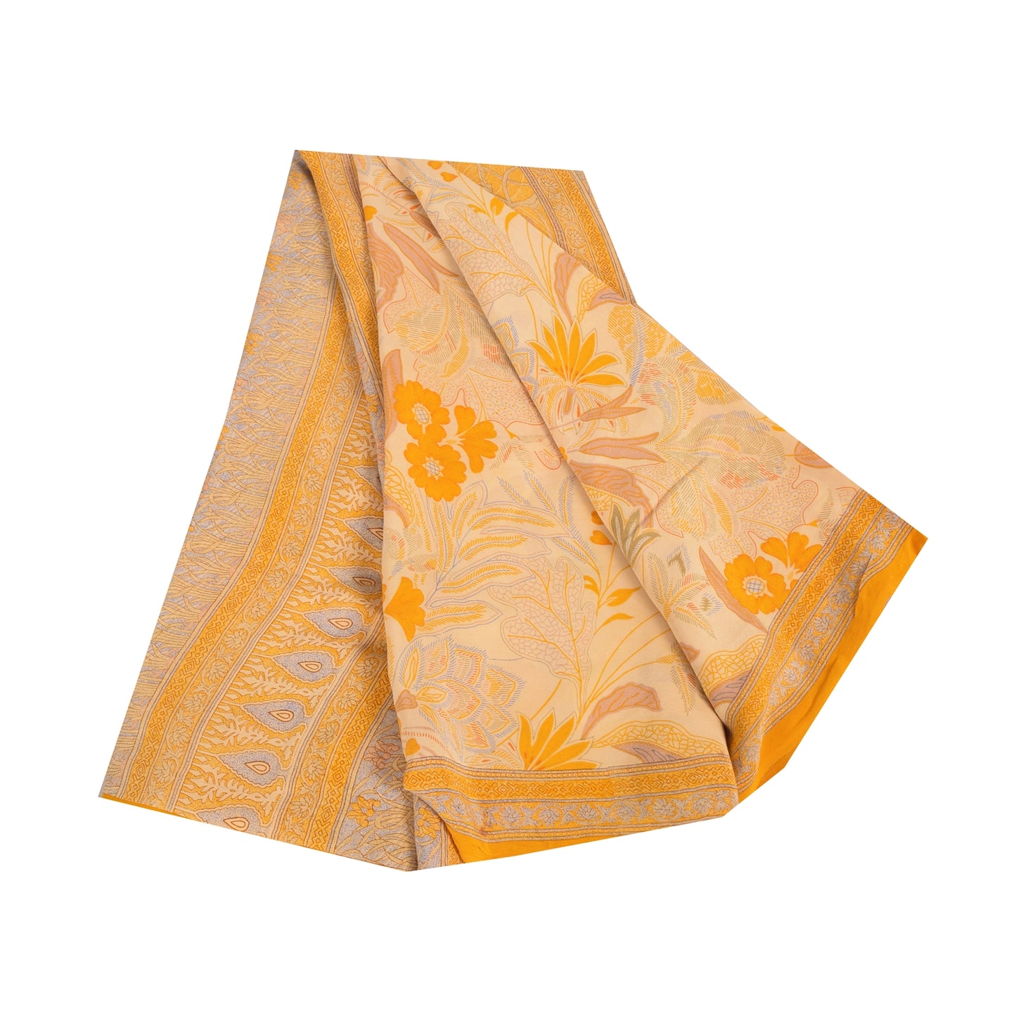 Sanskriti Vintage Sarees Yellow/Cream Pure Crepe Printed Sari 5yd Craft Fabric