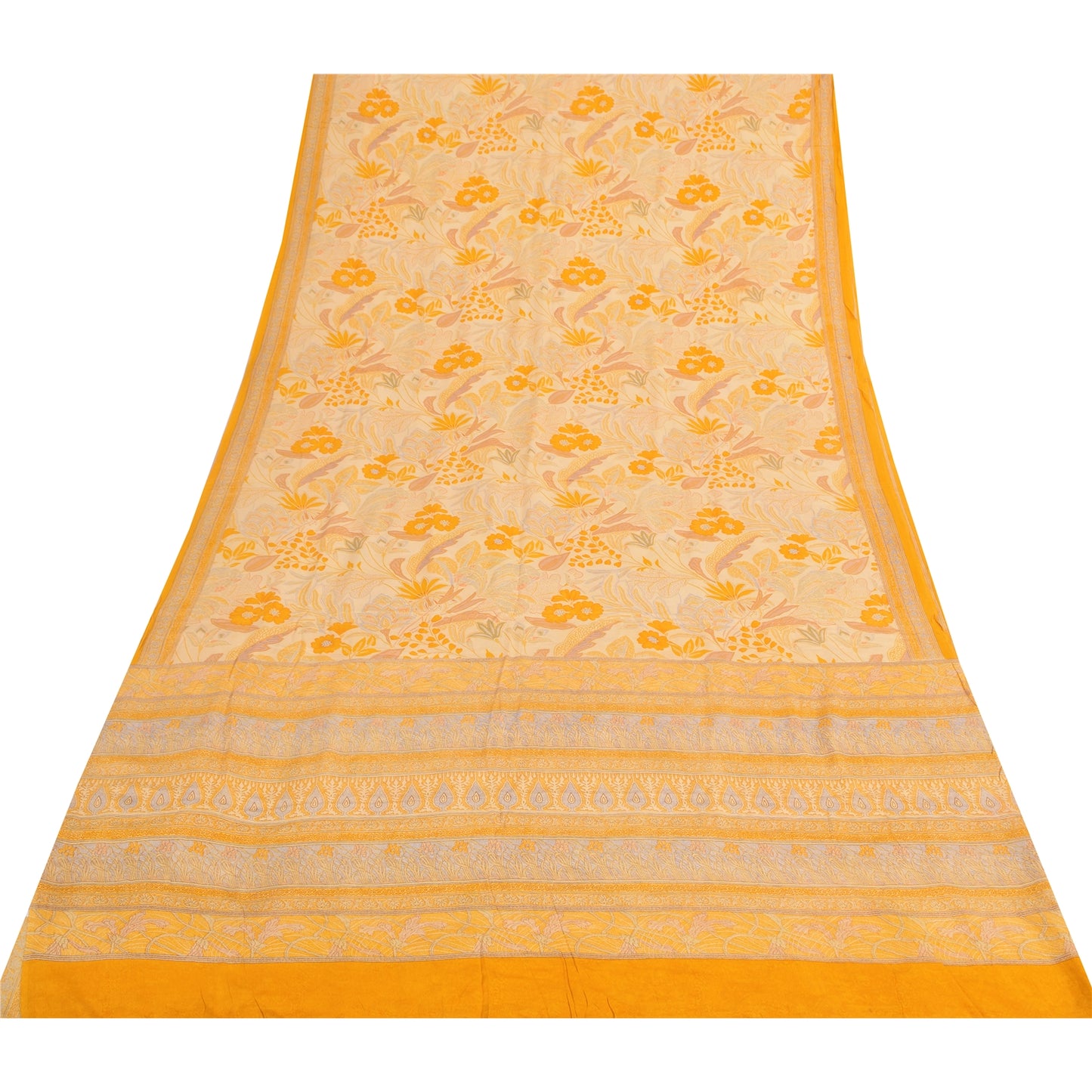 Sanskriti Vintage Sarees Yellow/Cream Pure Crepe Printed Sari 5yd Craft Fabric